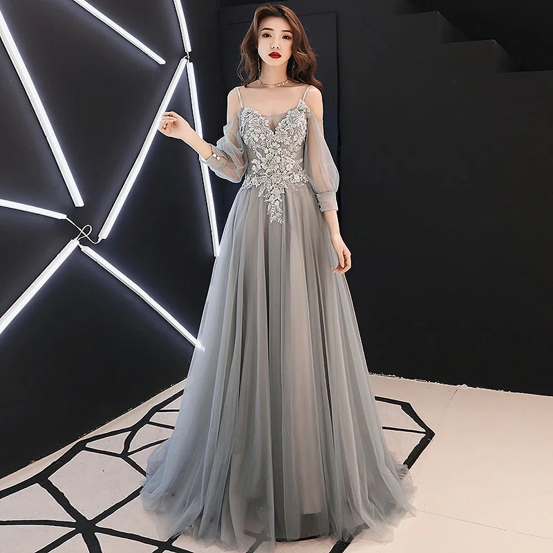 Modern Chic Discounts Romantic Flair Gray lace tulle long prom dress, long sleeve evening dress  8081