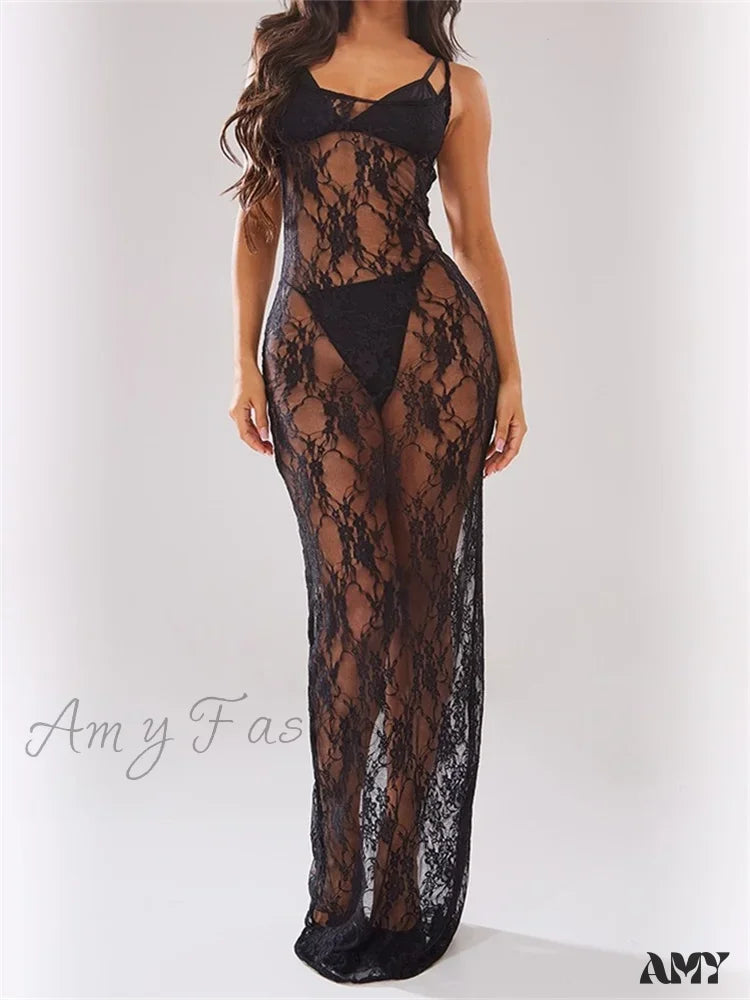 Flash Sale Sophisticated Cut Amy Fashion - Sexy Women Mesh See-Through Lace Floral  Sleeveless Strap Beach Party Summer Black  Female Vestidos