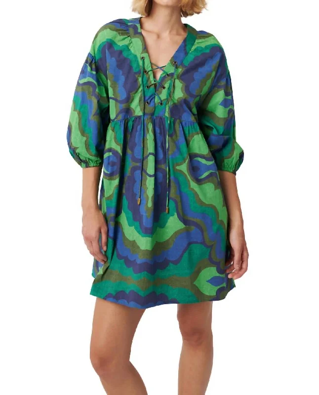 Cozy Comfort Style Sale Art Deco Geometric Pattern Look Liberty Mini Dress In Wavy Green