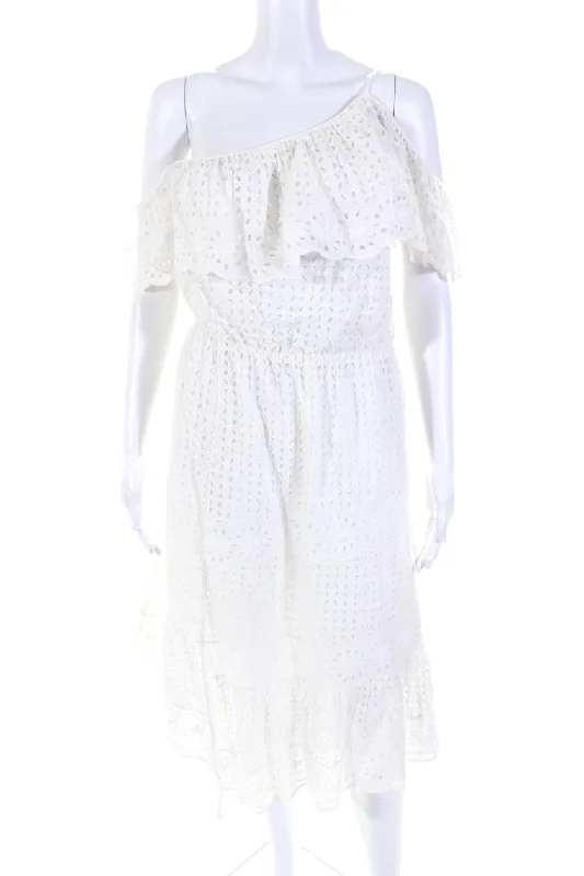Ride The Style Wave Limited - Stock Joie Womens Cotton Lace One Shoulder Ruffled Textured Maxi Dress White