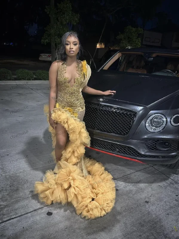 Best Deals Of The Season Graceful Cut Sparkly Gold Ruffles Prom Dresses Black Girl Luxury Mermaid Beaded Rhinestones High Slit Formal Evening Party Gala Gown