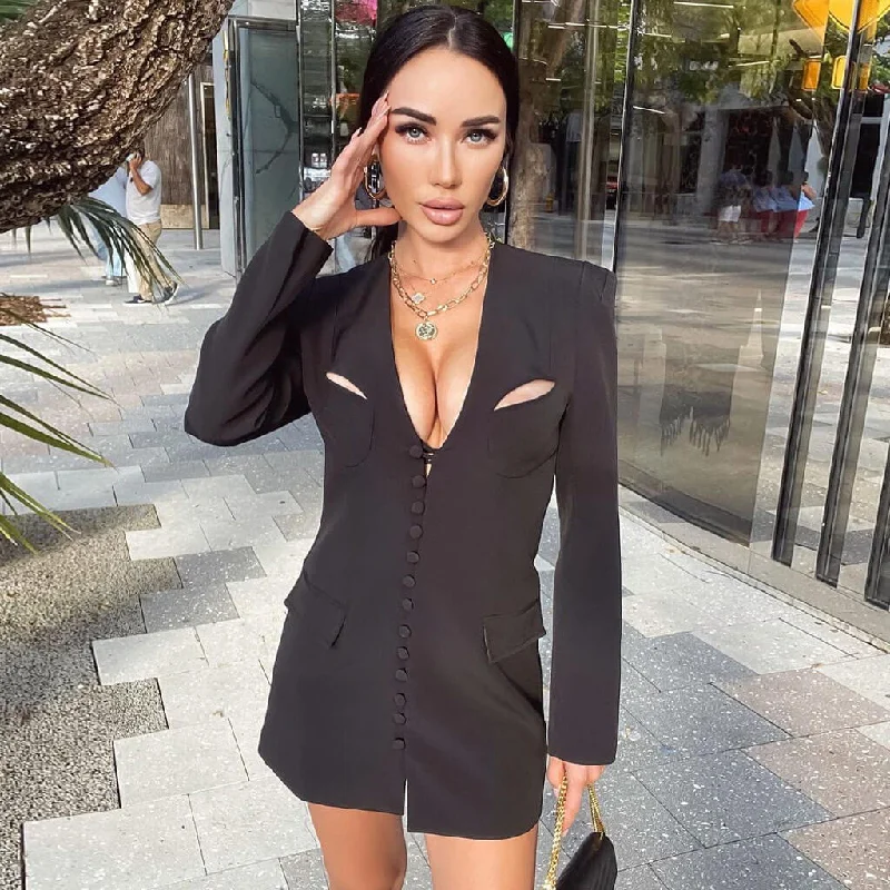 Chic Style, Always In Vogue Seasonal Trend Unique Cutout Long Sleeve Button Down Mini Blazer Dress - Black