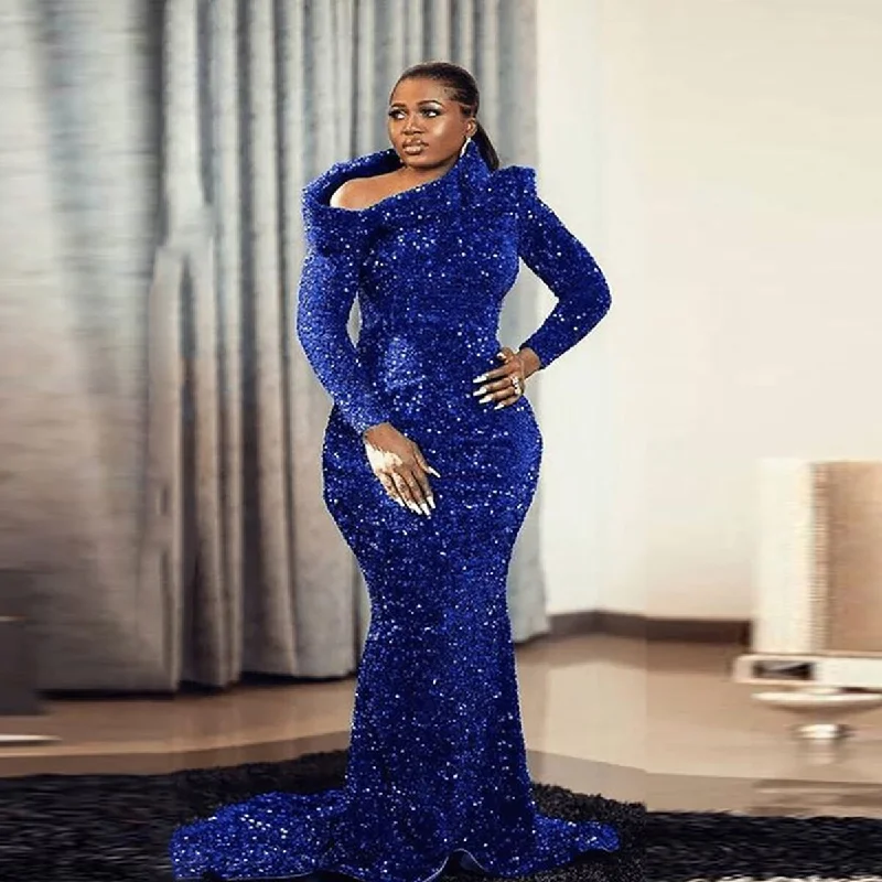 Vibrant Style Promotions Contemporary Chic Plus Size Royal Blue Mermaid Evening Dresses Sexy Long Sleeves Glitter Sequins Custom Made Prom Gowns African Formal Party Wear