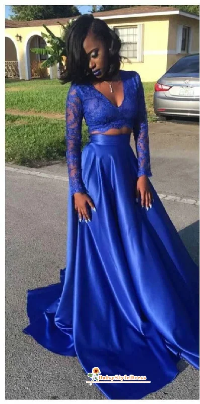 Refined Fashion Sale Modern Romance Royal Blue Long Sleeve Two Piece Prom Dress