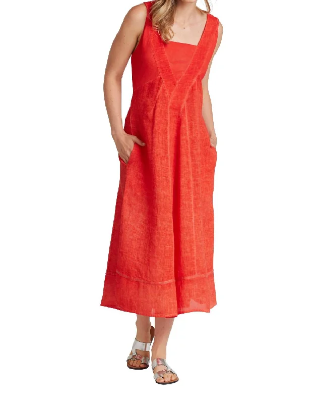 Chic And Trendy Charming Silhouette Linen Midi Dress In Red