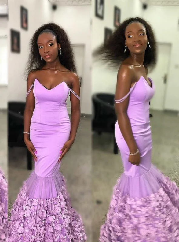 Style Breakthroughs Vintage Elegance Purple Satin 3D Floral Mermaid Off the Shoulder Prom Dress   cg12889