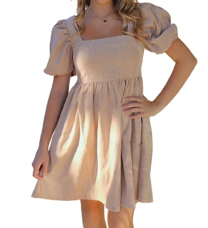 Chic Trend Collection Chic Sophistication Puff Sleeve Babydoll Mini Dress In Taupe