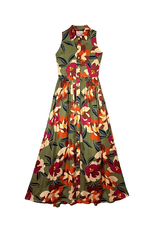 Trendy Threads Elegant Contour Buru x Megan Stokes Sleeveless Shirtdress - Olive Floral