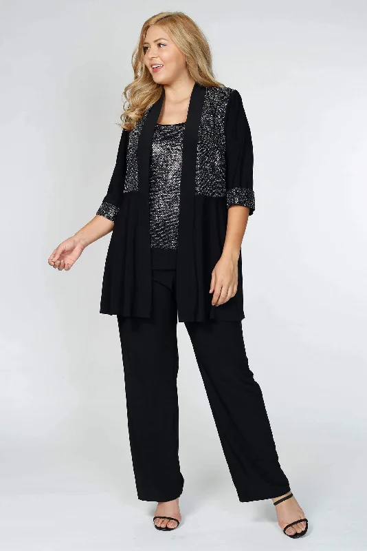 On-Trend Fashion Offers Floral Style R&M Richards 5817W Plus Size Pant Suit Black Tie