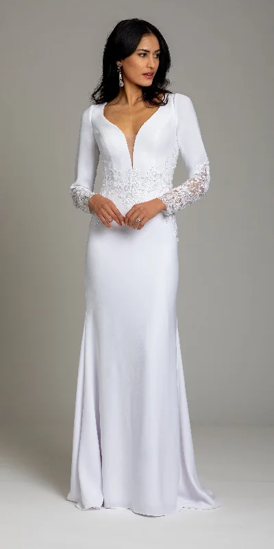 Hot Picks Parisian Effortless Chic Style Crepe Embroidered Long Sleeve Illusion Back Column Dress