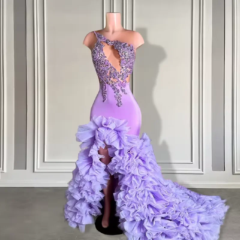 Clearance Event Fashion-Forward Style Elegant Purple Appliques Beaded Long Prom Dresses 2025 Sexy Slit Black Girl Mermaid Prom Gowns Pleated Ruffle Customized