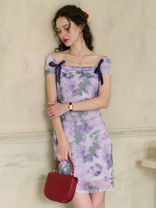 Fashion Essentials Seasonal Trend 【Final Sale】Jacqueline Floral Print Off-The-Shoulder Contrast Bow Slip Dress