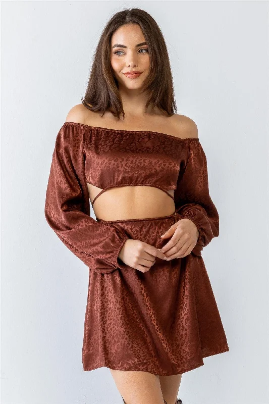 Don't Miss Out Elegant Attire Leopard Satin Off-The-Shoulder Open Front Mini Dress