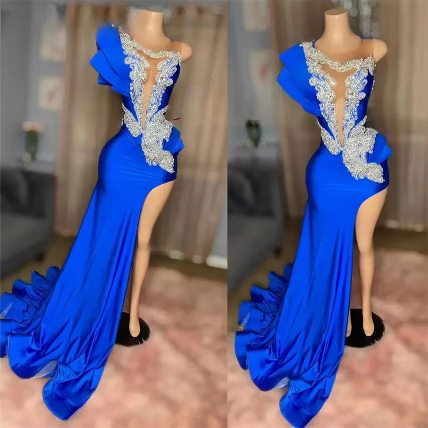 Premium Style Limited - Edition Drops Exquisite Royal Blue Long Prom Dresses O-Neck Birthday Party Gown See-Thru Bead Diamonds Split Evening Dresses Customized