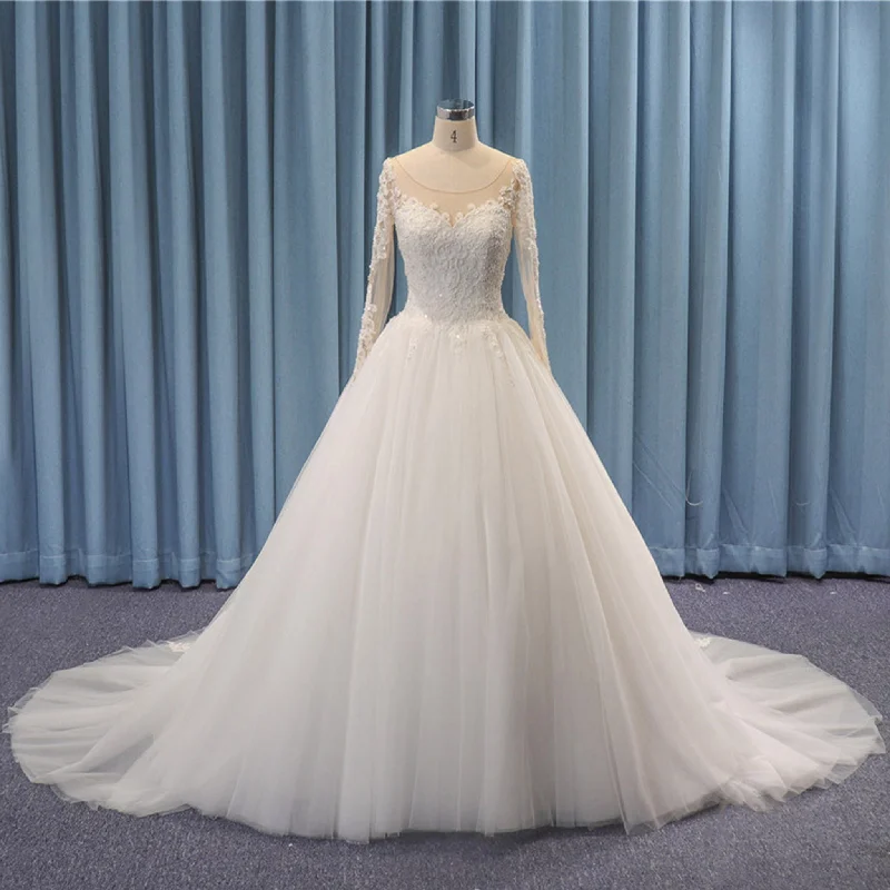 Statement Fashion Offers Vintage Charm Sheer Neck Long Sleeve Lace Tulle Puff Ball Gown Wedding Dress