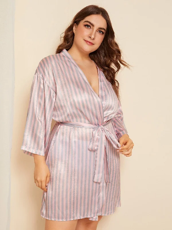 Fashionista Favorites Bold Patterns Plus Striped Satin Robe With Belt