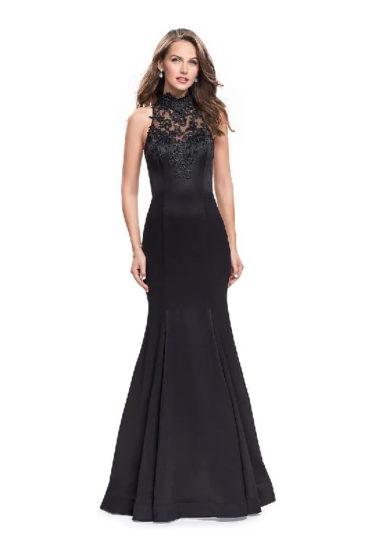 Contemporary Casual Deals Effortless Grace La Femme - 25792 Lace High Halter Satin Mermaid Dress