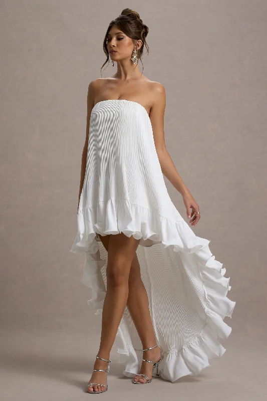 Trendy Pulse Seasonal Trend Whistler | White Chiffon Bandeau High-Low Ruffled Maxi Dress