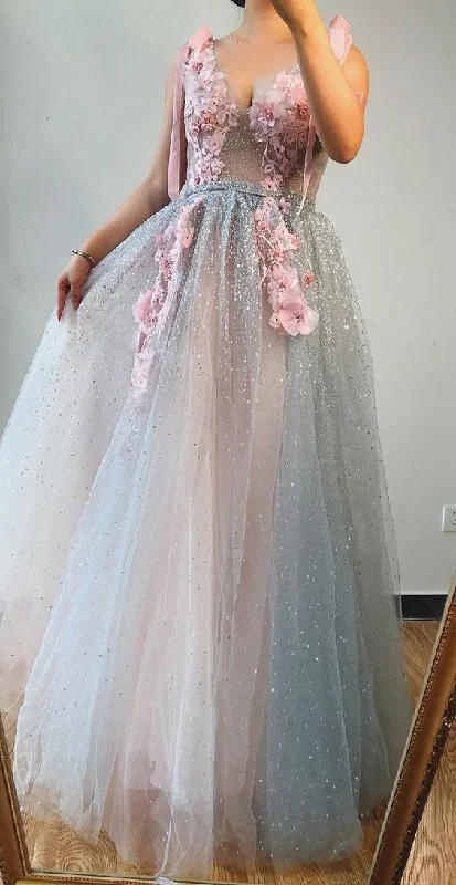 Budget Friendly Chic Allure A-line V neck Beaded Pink Long Prom Dresses With Floral Beautiful Evening Gowns  cg5949