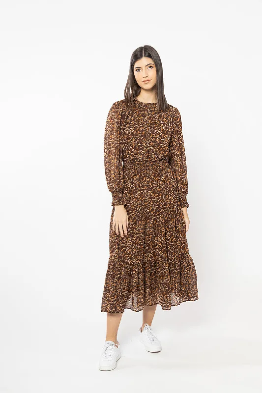 Special Offer For You Alluring Design Serene Bronze Floral Shirred Waist LS Maxi Dress