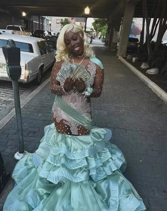Valentine's Special Charming Silhouette Mint Green Sparkly Long Mermaid Evening Dresses for Black Girl Aso Ebi Luxury Diamond Crystal Prom Gown Customsized