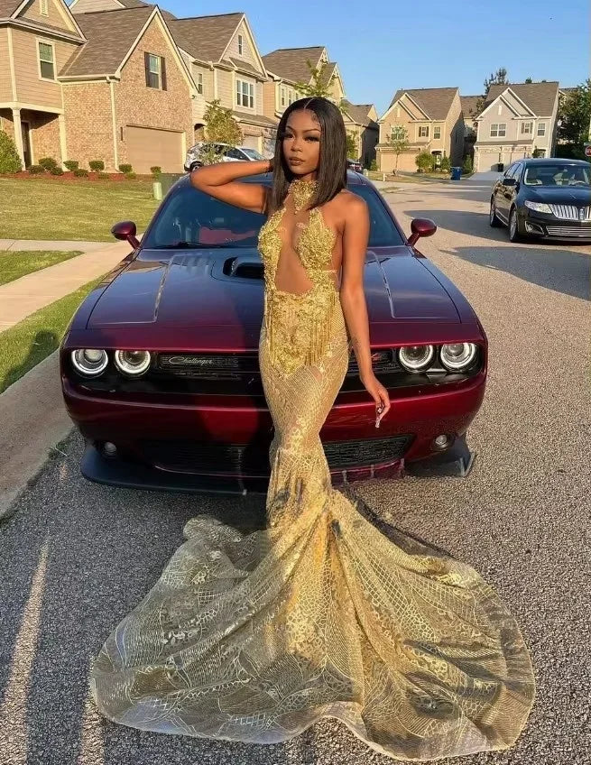 Exclusive Discount Sophisticated Cut 2025 Sexy Gold Sequins Mermaid Prom Dresses Glitter Crystal Appliques Cutout Mermaid Evening Occasion Birthday Gowns Customised