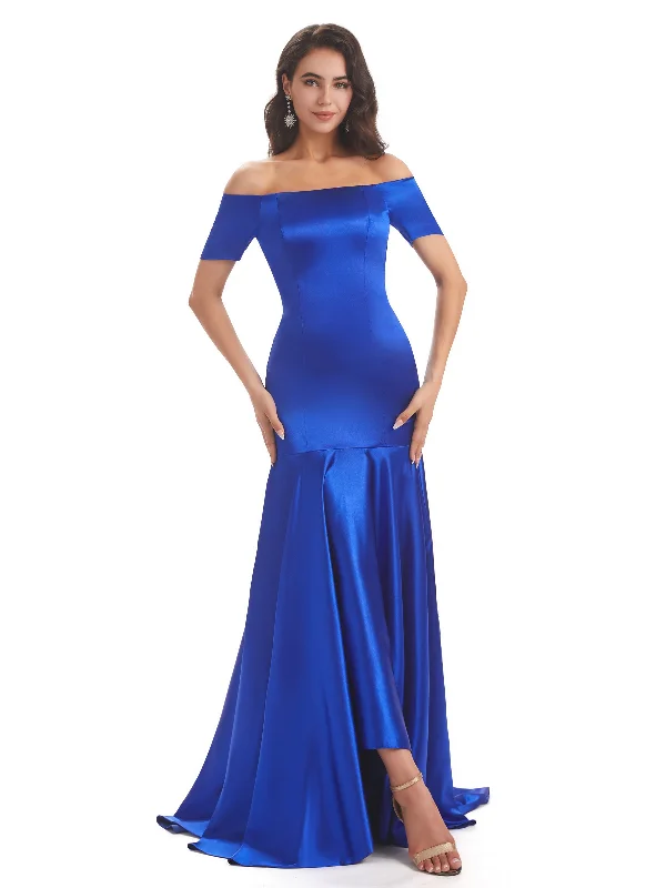 Timeless Elegance Sale Effortless Sophistication Elegant Soft Satin Mermaid Off The Shoulder High Low Satin Dresses