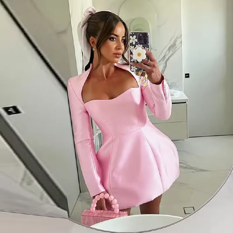 Luxury Fashion Save on Classic Elegant Styles Square Neck Baby Pink Mini Length A-line Party Dress Puffy Long Sleeve Simple Prom Dresses Plus Size Casual Gown Pretty