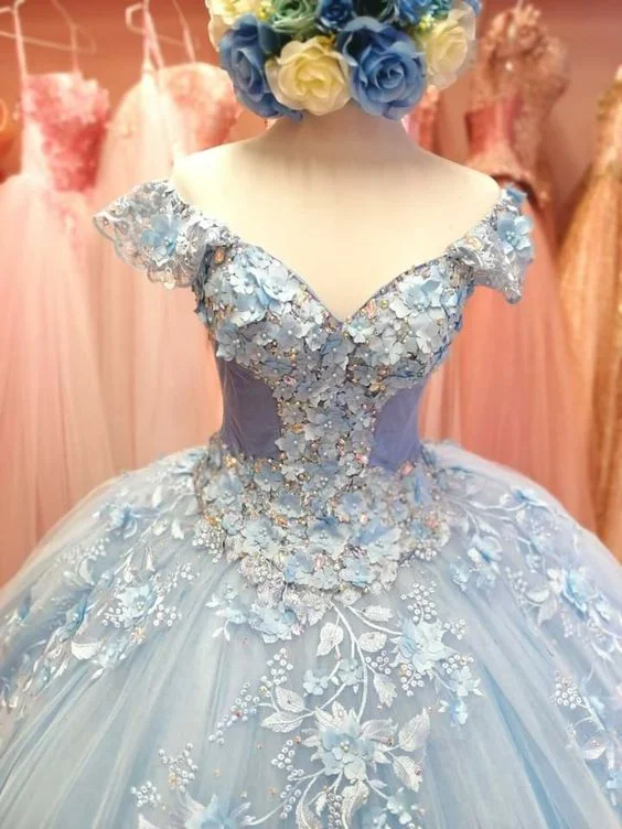 Style Breakthroughs Dreamy Aesthetic Winter Wonderland Light Blue Tulle Appliques Ball Gown Sweet 16 Dress Y601