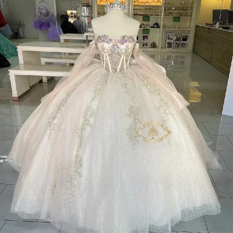 Romantic Fashion Discounts Floral Style Champange Quinceanera Dresses Ball Gown Off The Shoulder Appliques Crystals Sweet 16 Dresses 15 Años Mexican