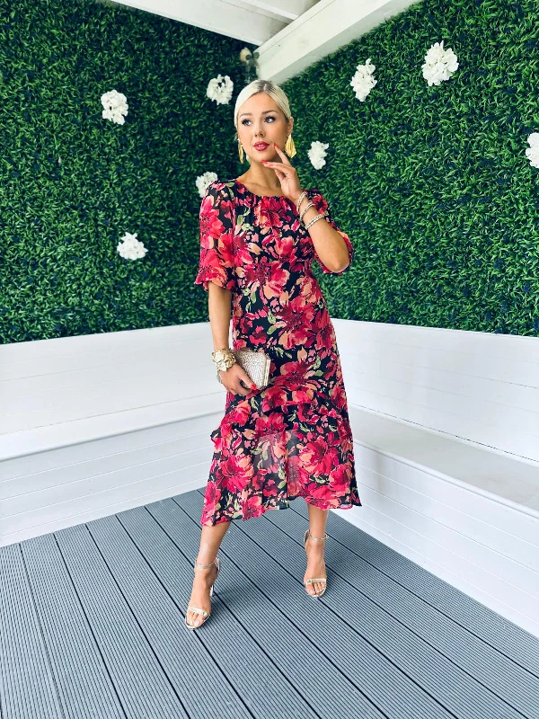 Edgy Fashion Deals Chic Sophistication Harriet Red Floral Tiered Midi Dress Black