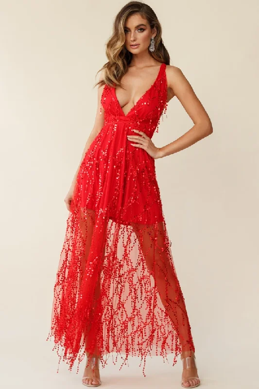 Special Offer Artful Design Tiara Sequin Maxi Dress Red