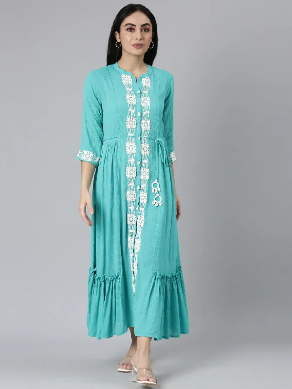 Laid-Back Fashion Offers Feminine Charm Neerus Blue Flared Casual Solid Maxi Dresses