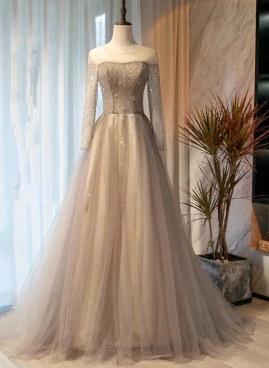 Bid Farewell To The Old Season Limited - Edition Drops Light Grey Beaded Long Sleeves Fashionable Tulle Evening Dress, Tulle Grey Prom Dress Party Dress gh91