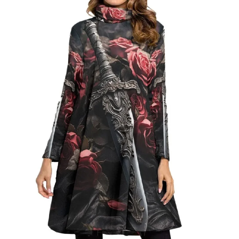 Chic Style Discounts Graceful Cut Women's Gothic Sword And Pink Roses High Neck Dress With Long Sleeve
