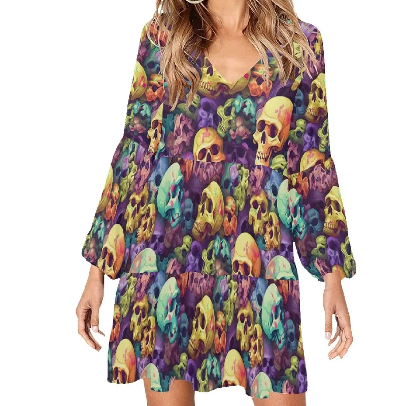 Stylish Deals Refined Look Women's Skull Autumn Colors Long Sleeve V-Neck Loose Fit Dress