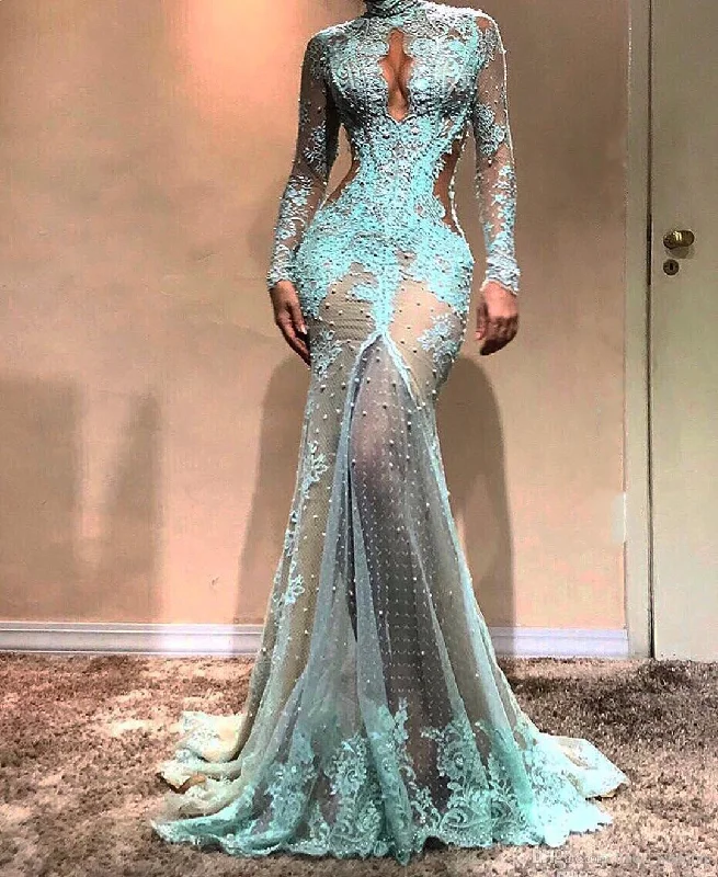 The Good Stuff Save on Classic Elegant Styles Long Sleeves Illusion Turqoise Prom Dress gh2178