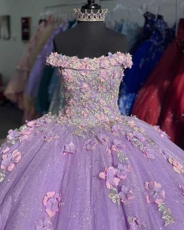Chic & Modern Sales Alluring Design Applique Off Shoulder Shiny Elegant Tulle Ball Gown 3D Flowers Princess Dress Sweet 15th Y285