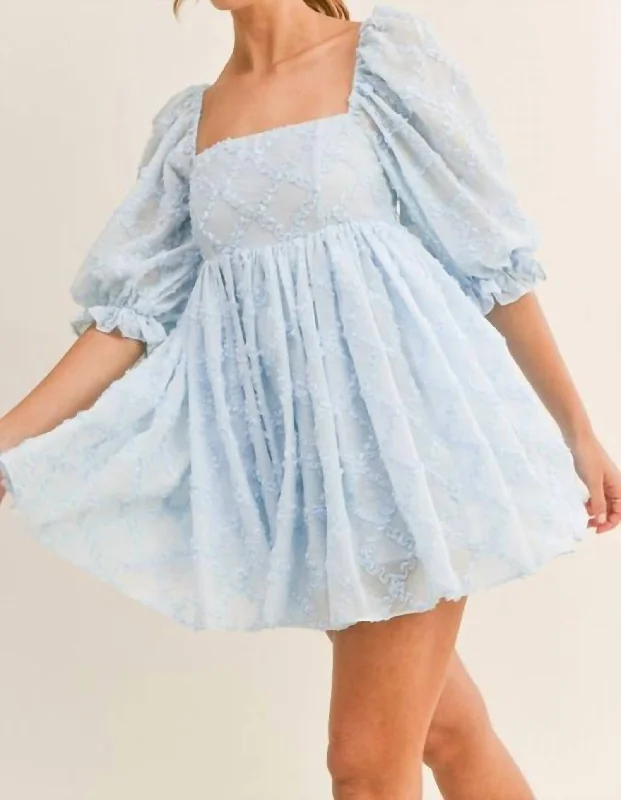 Bold Fashion Sales Playful Elegance Ribbon Textured Puff Sleeve Babydoll Mini Dress In Blue