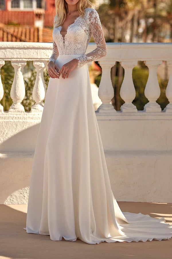 High-End Style Discounts Summer Fashion A-shaped V-neck long sleeved lace wedding dress