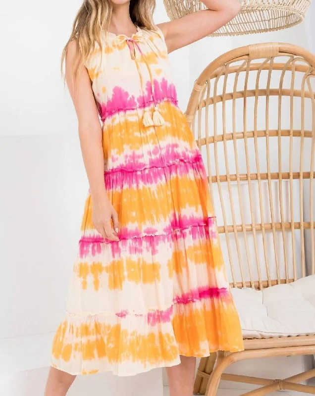 Quick Grab Deals Feminine Flow Ruffle Midi Dress In Pink/orange Tie Dye