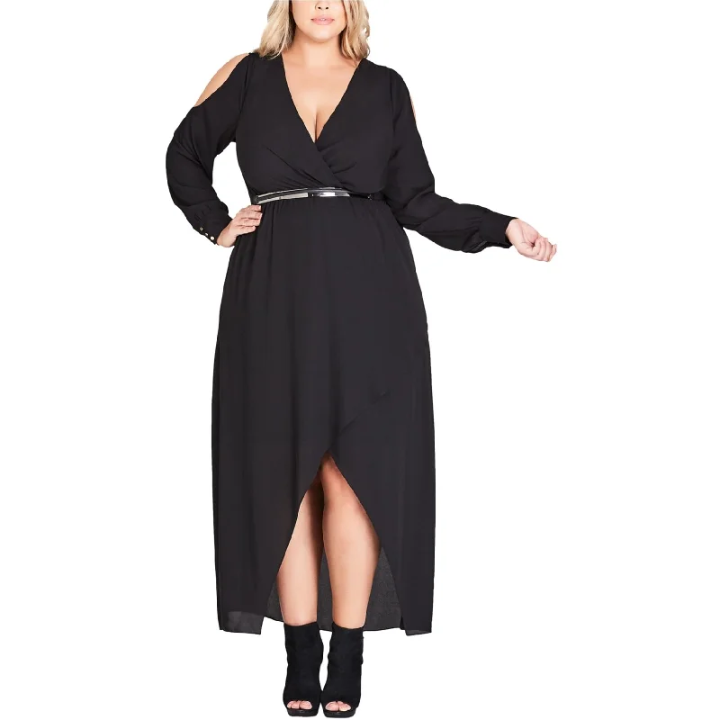 Affordable Trendy Clothes For Women City Chic Womens Belted Cold Shoulder Dress, Black, XL/22W