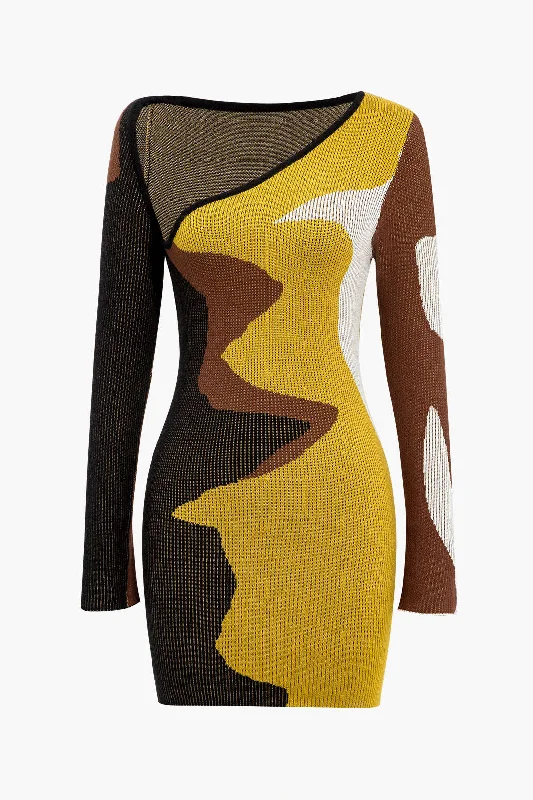 Shop The Hottest Deals Great Deals on Ethnic Cultural Wear Contrast Print Sweater Asymmetrical Long Sleeve Dress