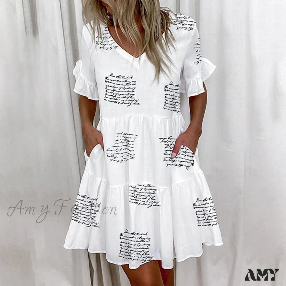 Boho Chic Fashion Amy Fashion - Short Sleeve Floral Print Plus Size White Dresses