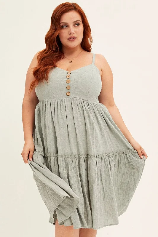 Exclusive Women's Fashion Collection Green Light Blue Sleeveless Button Front Skater Dress