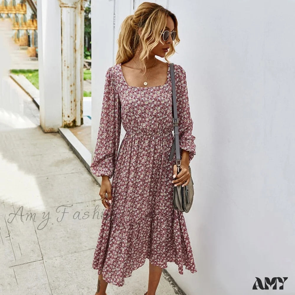 Comfortable Women's Outfits Amy Fashion - Long Sleeve Elegant Ladies Flower Square Collar Dresses