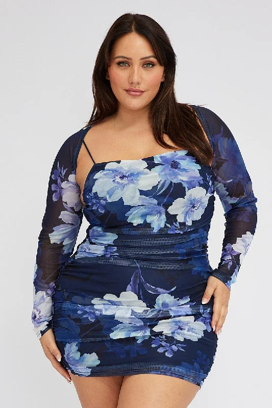 Women's Street Style Casual Wear Blue Floral Mesh Bodycon Ruched Dress With Shrug
