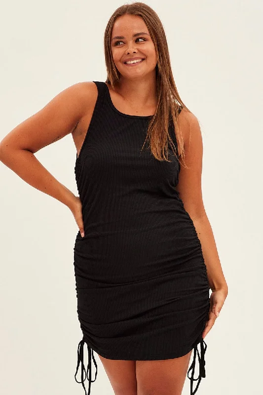Classic Women's Fashion Black Rib Dress Drawstring Sleeveless