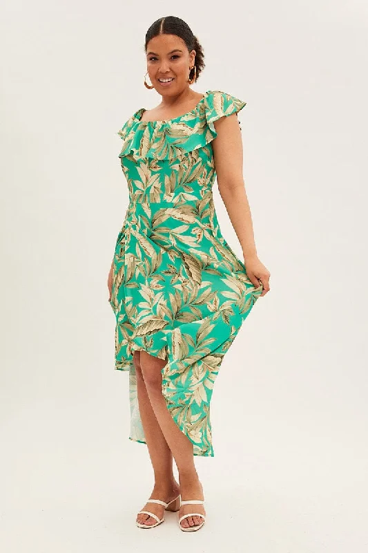Women's Clothing Green Floral Maxi Dress Off Shoulder Crepe