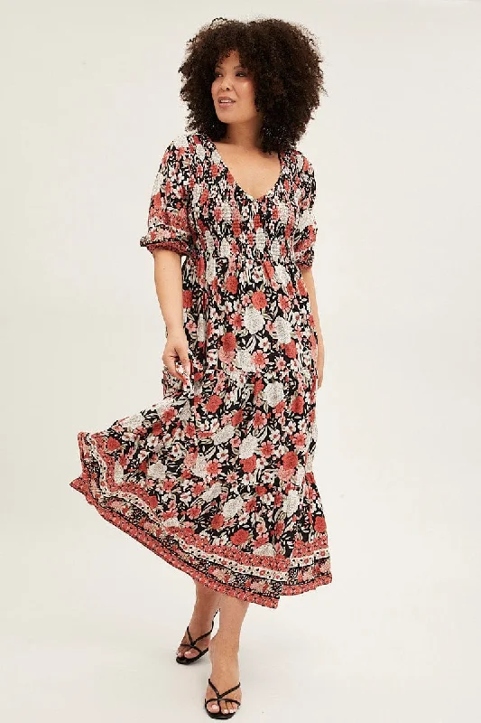 Luxury Fashion Black Boho Maxi Dress Short Sleeve V-neck Shirred
